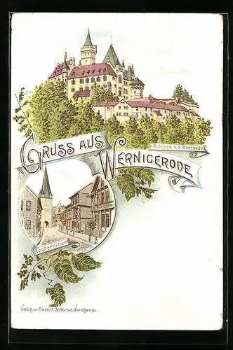 Lithographie Wernigerode, Schloss v. d. Weststeite, Westernthor