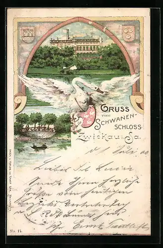 Lithographie Zwickau i. S., Schwanenschloss mit Bootspartie