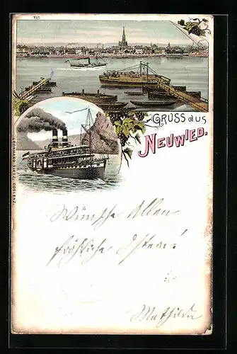 Lithographie Neuwied, Hafenpartie mit Dampfer