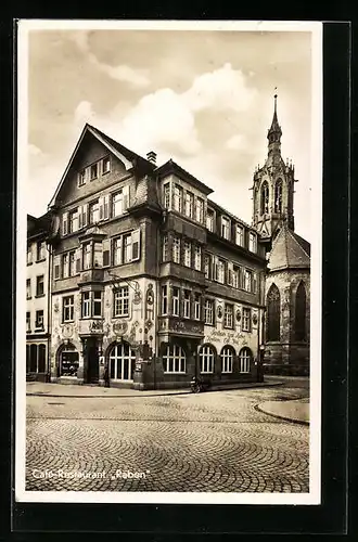 AK Villingen i. Schwarzwald, Café-Restaurant Raben mit Strassenpartie