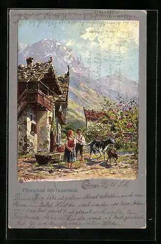 Künstler-AK Gossensass im Pflerschtal, Kinder und Ziegen am Brunnen