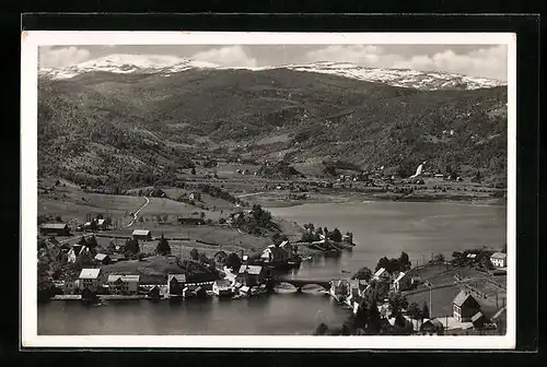 AK Norheimsund, Ortsansicht mit Hardangerfjord aus der Vogelschau