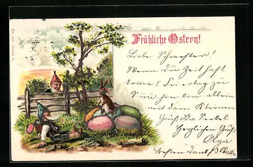 Lithographie Fröhliche Ostern, Zwerg sitzt auf seinem Hosenboden der Osterhase auf den Eiern