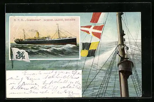 Künstler-AK Reichspostdampfer Gneisenau, Nordd. Llyod Bremen, Signalfahnen