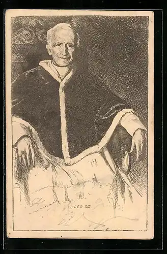 Künstler-AK Papst Leo XIII. mit freundlichem Gesicht auf seinem Stuhl