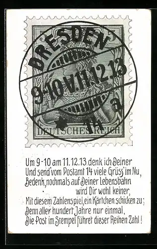 Künstler-AK Grosse Briefmarke mit Poststempel 11.12.13