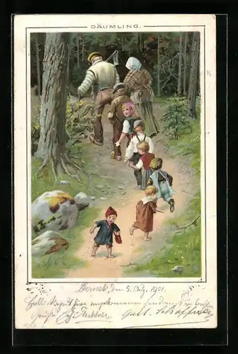Lithographie Eltern mit Kinderschar und Däumling im Wald