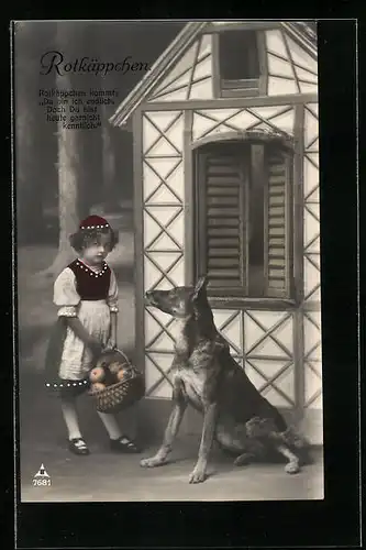 Künstler-AK Rotkäppchen mit Korb und Wolf vor Haus-Kulisse