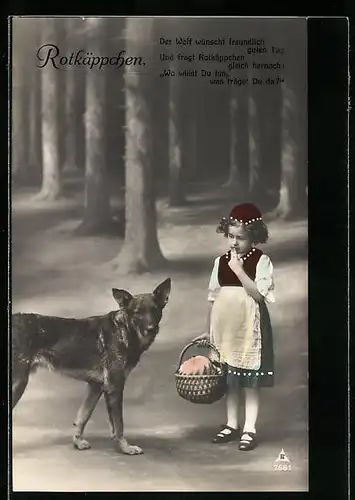 Künstler-AK Rotkäppchen mit Korb und Wolf im Wald