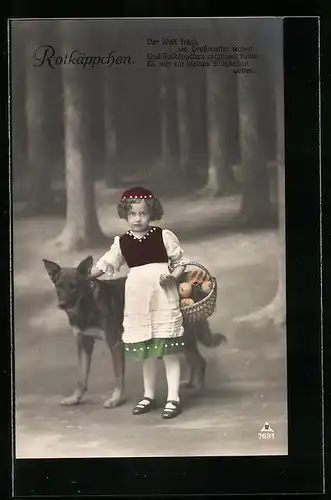 Künstler-AK Rotkäppchen mit Kuchen und Wein ist dem Wolf im Wald begegnet