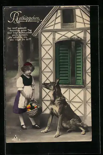 Künstler-AK Rotkäppchen mit dem Wolf im Gespräch