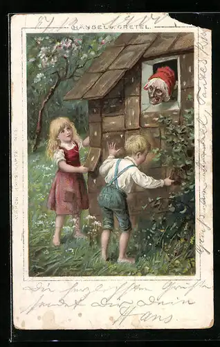 Lithographie Hänsel und Gretel vor dem Hexenhaus mit böser Hexe