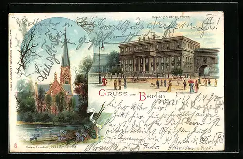 Lithographie Berlin, Kaiser Friedrich-Gedächtniskirche und Kaiser Friedrich-Palais