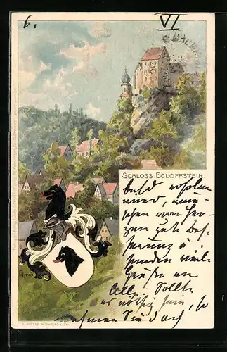 Lithographie Egloffstein, Schloss Egloffstein thront stolz über dem Ort