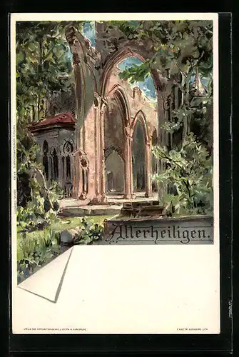Lithographie Oppenau-Lierbach, Ansicht der Klosterruine Allerheiligen
