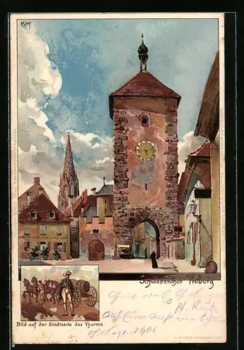 Künstler-AK Heinrich Kley: Freiburg, Strassenpartie am Schwabenthor