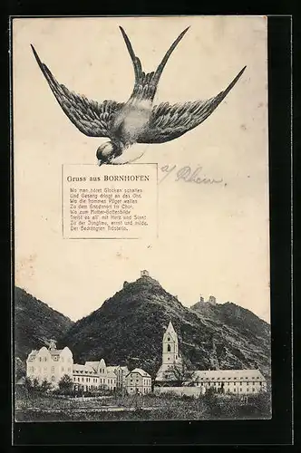 AK Bornhofen, Ortspartie aus der Ferne mit Schwalbenmotiv