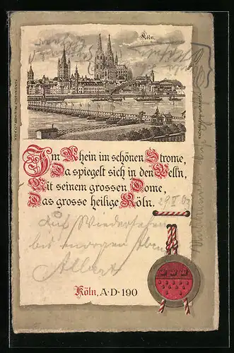 Lithographie Köln a. Rh., Totalansicht mit Blick zum Dom von der Rheinseite