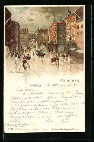 Künstler-AK Karl Heinisch: München, Strassenpartie am Karlstor mit Pferdebahn