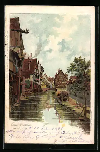 Lithographie Ulm a. D., Ortspartie an der Blau