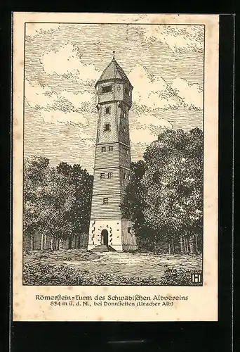 Künstler-AK Donnstetten, Römerstein-Turm des Schwäbischen Altvereins