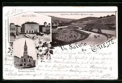 Vorläufer-Lithographie Trieste, Hotel de la Ville, Pferderenn-Bahn, Protestantische Kirche 1895