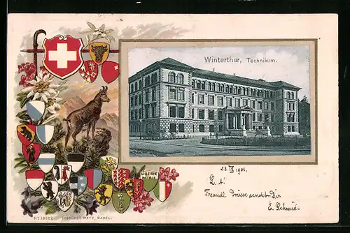 Passepartout-Lithographie Winterthur, Technikum mit Wappen
