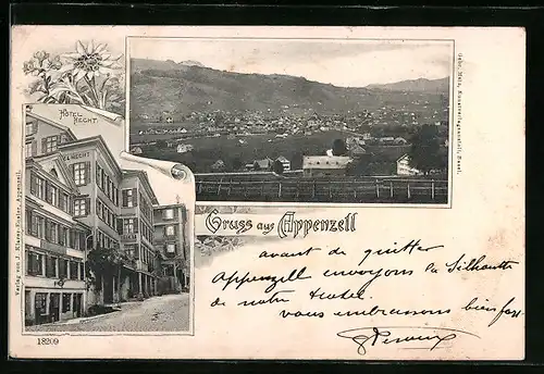 AK Appenzell, Ortsansicht aus der Vogelschau, Strassenpartie mit Hotel Hecht