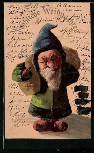 Präge-AK Wichtel-Weihnachtsmann mit Sack und Zipfelmütze, Weihnachtsgruss