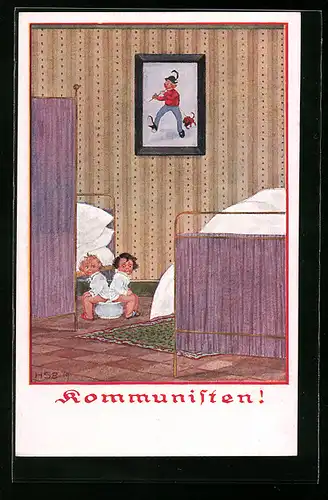 Künstler-AK H.S.B.: Kommunisten, Kinder benutzen gemeinsam einen Nachttopf