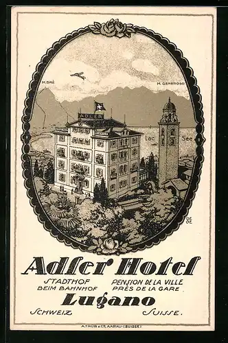 Passepartout-AK Lugano, Adler Hotel mit Kirche und See aus der Vogelschau
