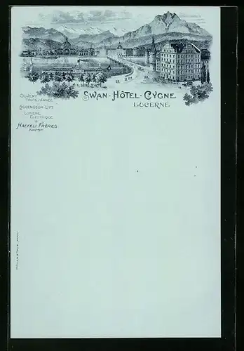 Lithographie Luzern, Swan Hotel Cygne mit Strasse, Dampfer und Bergpanorama