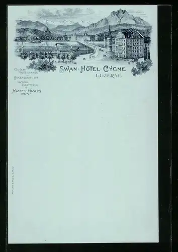 Lithographie Luzern, Swan Hotel Cygne mit Umgebung und Bergpanorama