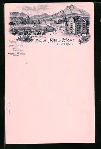 Lithographie Luzern, Ortspartie mit Swan Hotel Cygne und Dampfer