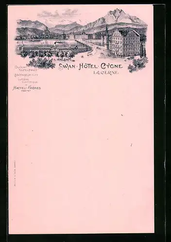 Lithographie Luzern, Ortspartie mit Swan Hotel Cygne und Dampfschiff