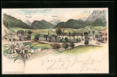 Lithographie Zill, Gut besuchtes Gasthaus mit Blick zum Watzmann, Hochkalter und Untersberg