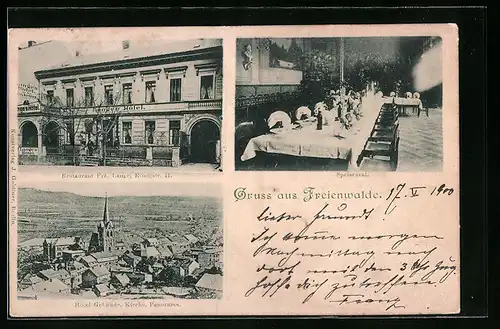 AK Freienwalde, Restaurant Frz. Lange in der Königstrasse 11, Hotel Gebäude, Kirche und Panorama aus der Vogelschau