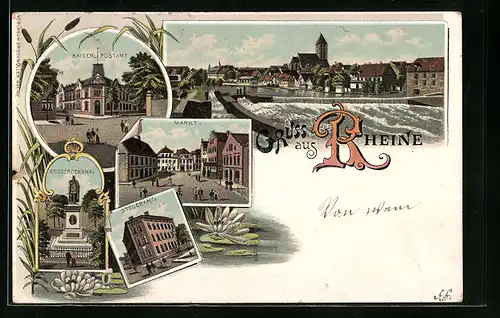 Lithographie Rheine, Kaiserl. Postamt, Markt, Kriegerdenkmal, Steueramt