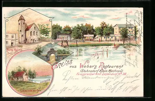 Lithographie Stahnsdorf b. Klein-Machnow, Webers Restaurant, Burgruine und Schmiede am See