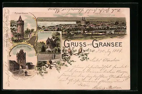 Lithographie Gransee, Pulverturm, Luisendenkmal, Strassenpartie am Ruppiner Thor, Totalansicht