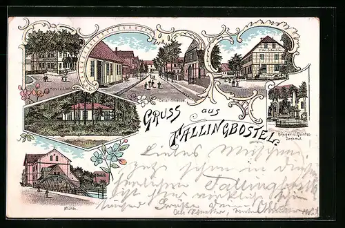 Lithographie Fallingbostel, Hotel z. Lieth, Cellerstrasse, Krieger- und Quintusdenkmal, Mühle