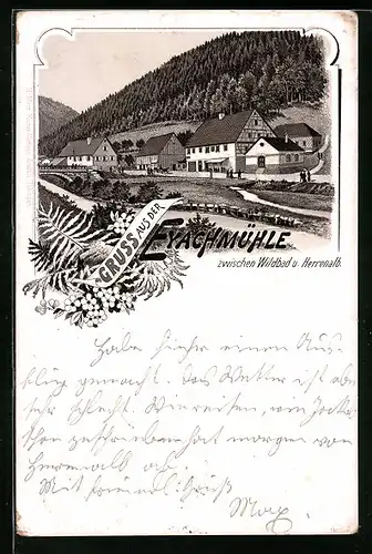 Vorläufer-Lithographie Dobel, 1894, Gasthaus Eyachmühle mit Wald