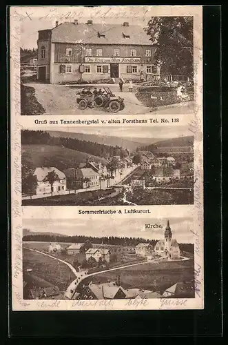AK Tannenbergstal, Forsthaus, Ortsansicht mit Kirche