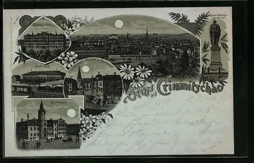 Mondschein-Lithographie Crimmitschau, Ortsansicht, Bahnhof, Knabenschule, Rathaus