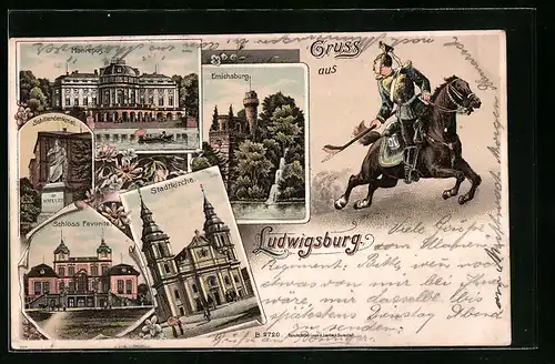 Lithographie Ludwigsburg, Monrepos, Emichsburg, Stadtkirche