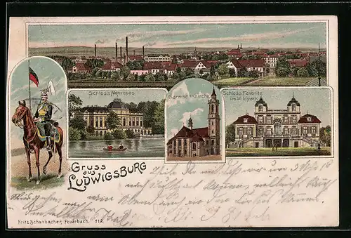 Lithographie Ludwigsburg, Schloss Monrepos, Garnisonskirche, Schloss Favorite