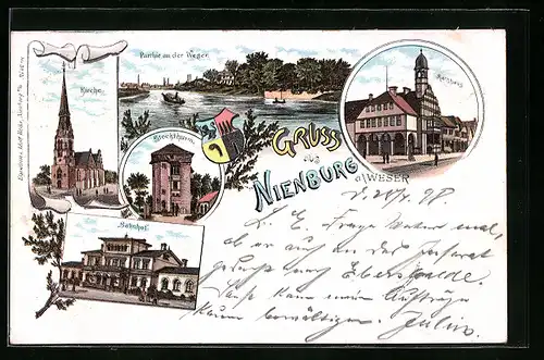 Lithographie Nienburg a. d. Weser, Kirche, Rathaus, Bahnhof, Stockthurm