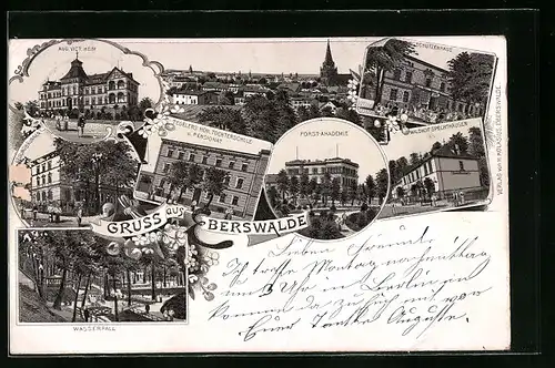 Lithographie Eberswalde, Totalansicht mit Waldhof Spechthausen, Gesundbrunnen, Forst-Akademie