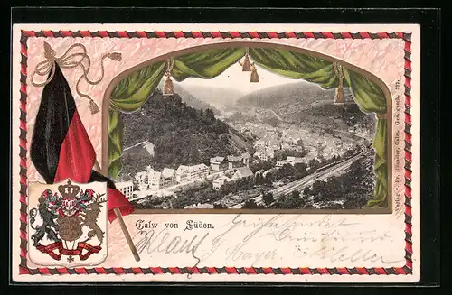 Passepartout-Lithographie Calw, Totalansicht mit Wappen und Fahne