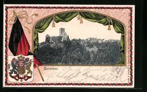 Passepartout-Lithographie Zavelstein, Ortsansicht mit Wappen und Fahne
